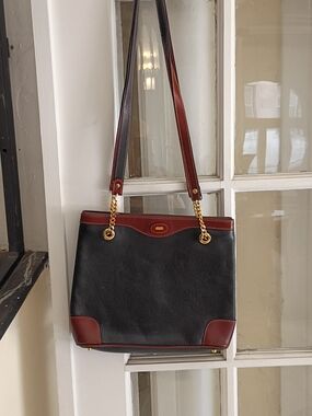 Bally Black and Brown Leather Shoulder Tote with Gold Hardware